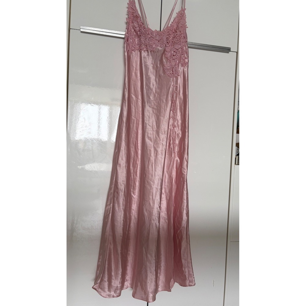 Pink Satin Lace Applique Maxi Nightgown Slip Dress Criss Cross Straps